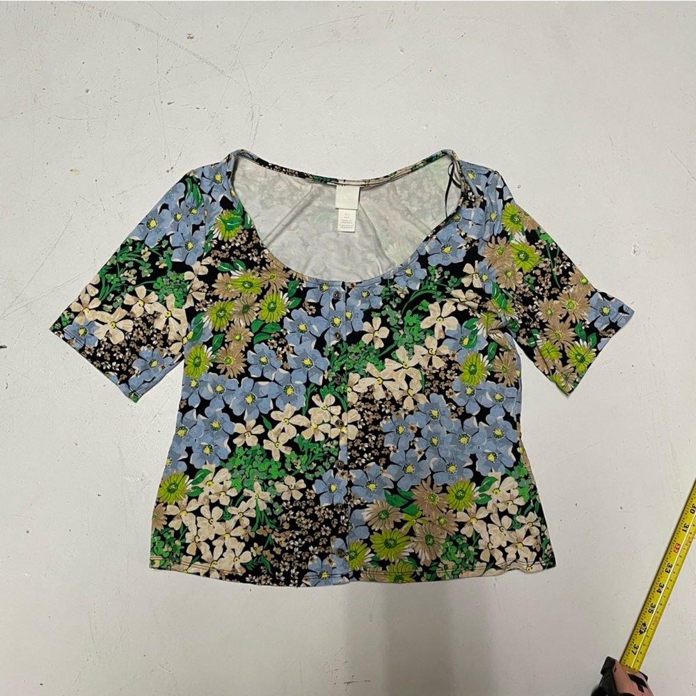 H&M  Floral boat neck stretchy shirt Blue, Green, Cream